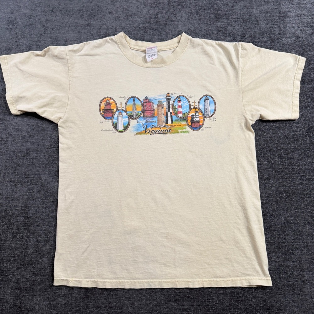 Anvil Lighthouses of Virginia T-Shirt Mens Large Cream Graphic Tee Souvenir